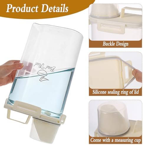 3.17 Qt/3 L Bird Seed Storage Container Airtight- Portable Bird Food Container with Airtight Measuring Cup, Clear Pet Parrot Seed Dispenser for Birds Food Chicken Feed Storage, Beige Lid