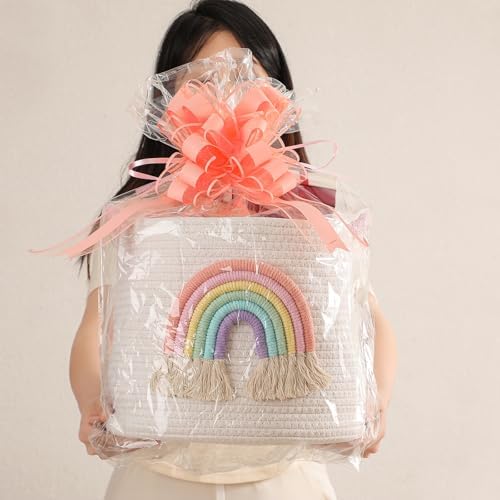 Toy Storage Baskets Woven Cotton Rope Storage Basket with Rainbow Decor for Kids, Blanket Baskets for Living Room Toys Organizer Rainbow Baby Gifts Basket with Handle for Girls Nursery Playroom
