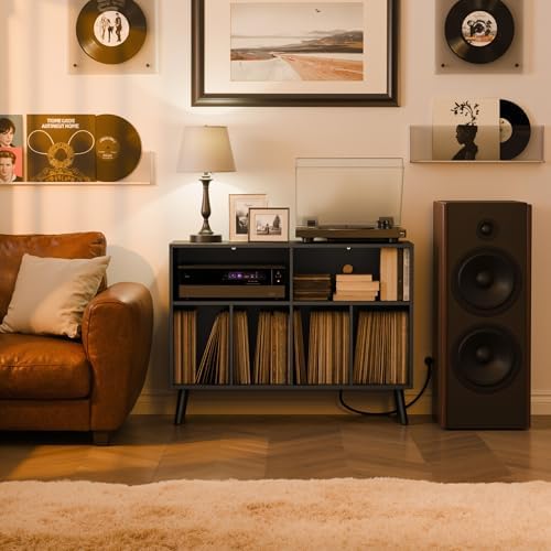 Cozy Castle Record Player Stand with Vinyl Storage Cabinet, Wood Turntable Table Open Shelf Holder Up to 350 Albums Cube Storage Organizer for Living Room, Office, Black