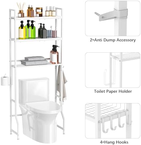 Over Toilet Bathroom Organizer with Toilet Paper Holder | White Over the Toilet Shelf, Over the Toilet Storage Cabinet, Heavy Duty Metal 3 Tier Bathroom Organizer Shelf with 3 Hooks