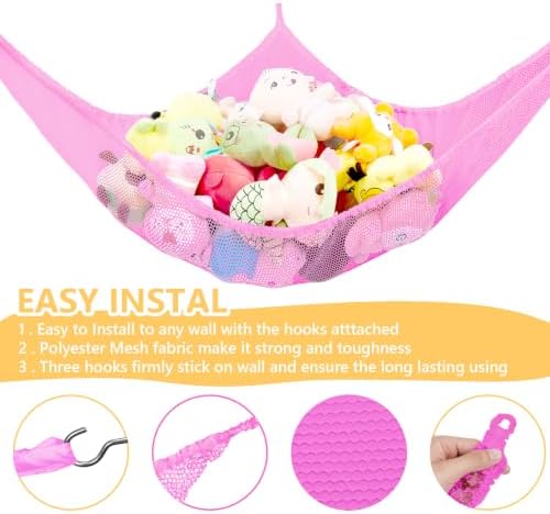 Stuffed Animal Hammock, Stuffed Animal Toy Net Hammock Wall Sling Corner Extra Large Mesh Plush Net Organizer (Pink 2 Pack, 70 inch)