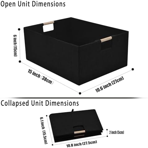 xianshengle Fabric Storage Basket for Shelves, Collapsible Storage Bins with wood Handles, Rectangle Closet Baskets, Wardrobe Organiser, for Sorting Clothes, Family Items (Black) (1)
