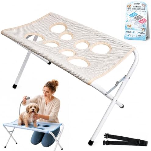 Foldable Pet Bathing Stand, 8-Hole Dog Grooming Hammock for Small Pets | Quick-Dry Support | Up to 44 lb | Painted Steel Frame | Space-Saving Storage