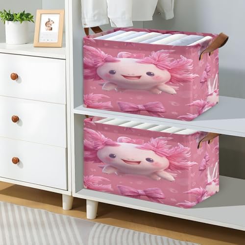 Axolotl Bows Kawaii Storage Bins Under Bed Cute Pets Foldable Storage Basket with Handles Collapsible Box Organizer with Metal Frame for Closet Cabinet 2PCS