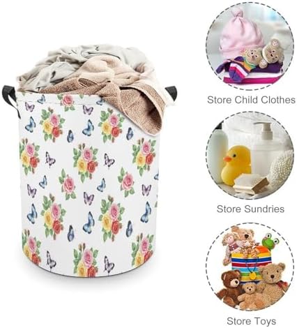 Foldable Clothes Hamper with Handles Flower Shabby Chic Roses Buds Leaves Tulips Floral Butterfly, Waterproof Laundry Basket for Bedroom, Bathroom, and Toy Storage Needs