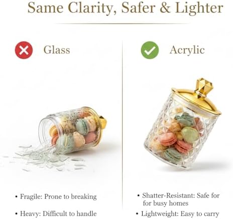 Clear Acrylic Diamond-Cut Storage Jar with Gold Lid – Airtight Decorative Container for Bathroom, Kitchen & Home Organization – Elegant Jar for Cotton Pads, Bath Salts & Snacks