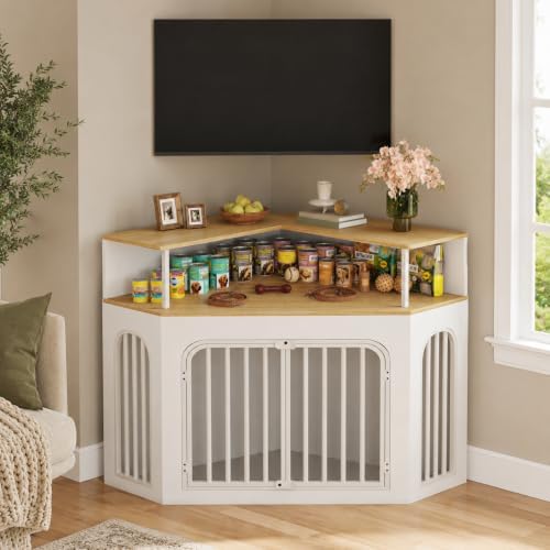 kepptory Large Corner Dog Crate Furniture with Arched Design and Tall Shelf