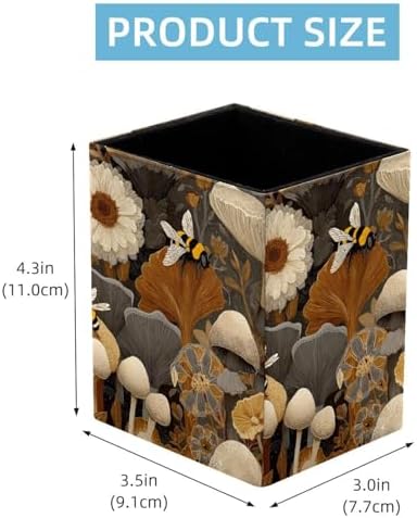 Bees and Mushrooms Pen Holder for Desk Decor, Rectangular PVC Leather Pencil Cup for Desk Pen Organizer, Makeup Brush Holder for School, Home, Office