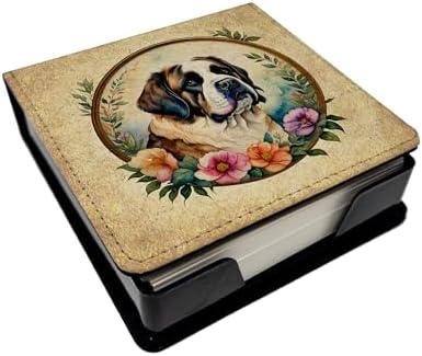 Caroline's Treasures Saint Bernard and Flowers PU Leather Note Paper Holder with Artist-Designed Cover, Desk Accessory, Office Gift