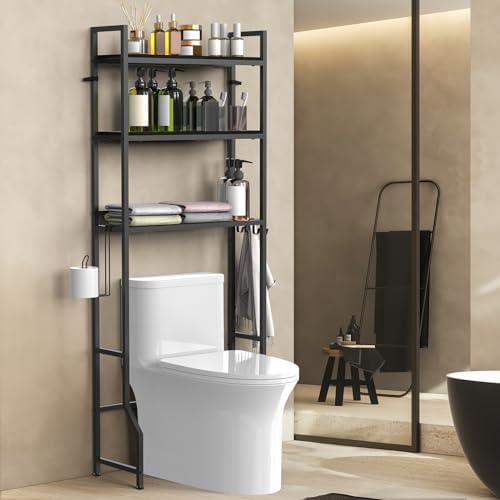 Over The Toilet Storage 3 Tier Over Toilet Bathroom Organizer | Over the Toilet Storage Cabinet, Freestanding Above Toilet Stand, with Paper Holder and 4 Hooks, Space-Saving, Black