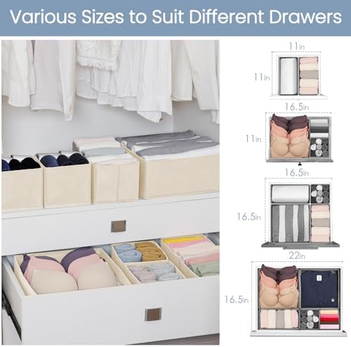 Criusia Drawer Organizer Clothes, 24 Pack Underwear Drawer Organizers, Foldable Closet Organizers and Storage Dresser Drawer Dividers Clothing Organizer for Clothes, Socks, Scarves, Bra, Ties (Beige)