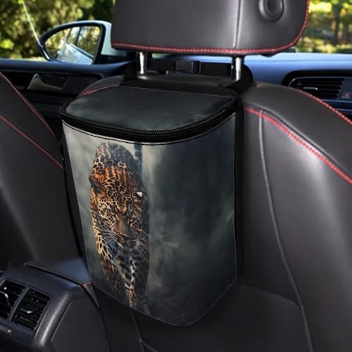 DISNIMO Cool Cheetah Car Trash Can Car Accessories Organizer Garbage Bag Dustbin Container with Zipper Lid Waste Basket Storage Pockets Hanging Vehicle Trash Bin