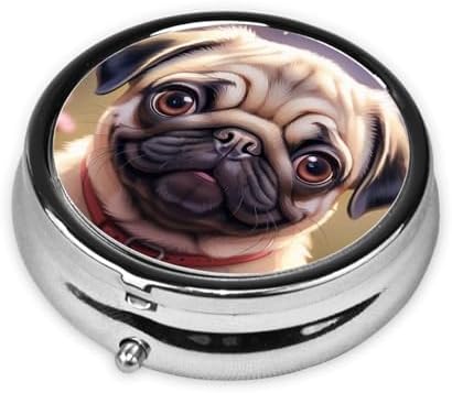 ZhongGuo Cute Pet Pug Printed Pill Organizer,Round Travel Pill Organizer Mini Medicine Pill Box for Purse Iron Plating