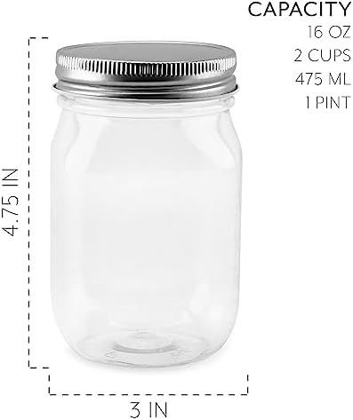 Cornucopia Brands 16-Ounce Clear Plastic Mason Jars (8-Pack, Silver Metal Lids); PET BPA-Free Mason Jars w/One Piece Lids, 2-Cup/Pint Capacity