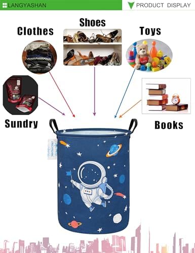 Round Laundry Basket Collapsible Storage Hamper Organizer Space Astronaut | Waterproof Canvas Foldable Baskets with sturdy Handles Multi-scene Organizer for Home Play Bedroom Gift Bin