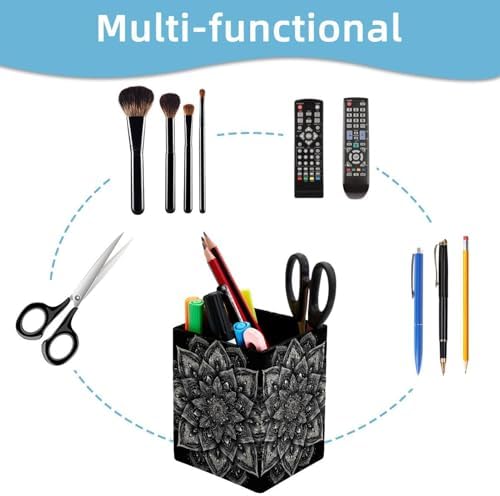 Mandala Pen Holder for Desk Decor, Rectangular PVC Leather Pencil Cup for Desk Pen Organizer, Makeup Brush Holder for School, Home, Office