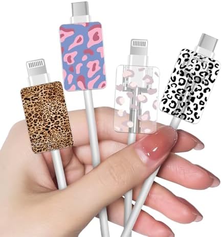 CameCosy Cable Protector for iPhone Type-c Charger, Pink/Black/Brown Leopard Pattern 4PCS Phone Charger Protector,Charging Cord Protector,Cable Chomper,Charger Case for Women Girls