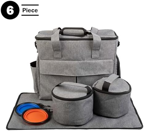 Dog Travel Bag - Cat and Dog Storage Organizer with Pockets, Mat, 2 Food Containers, and 2 Large Collapsible Travel Dog Bowls by PETMAKER (Gray)