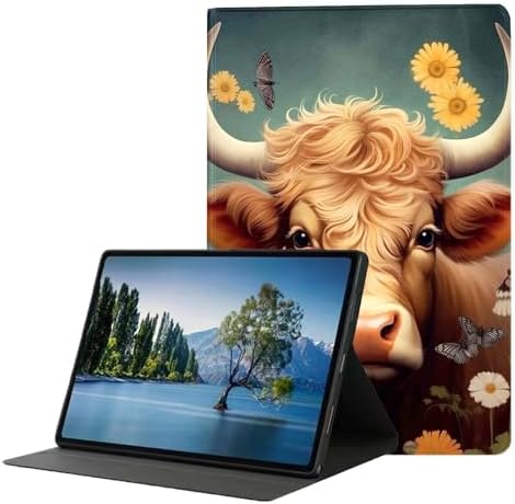 for Samsung Galaxy Tab A 10.1 Tablet Case 2019 Model T510 T515 T517,Premium Leather Folio Stand Auto Wake/Sleep,Multiple Viewing Stand,Cute Highland Cow Flowers