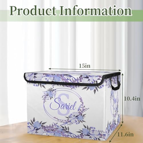 Purple Flower Storage Bin with Lid Personalized Storage Baskets for Organizing Foldable Closet Organizers with Handles,Cute Basket for Boys Girls for Clothes Blanket Pet Dog Toy Basket Storage 1 Pack