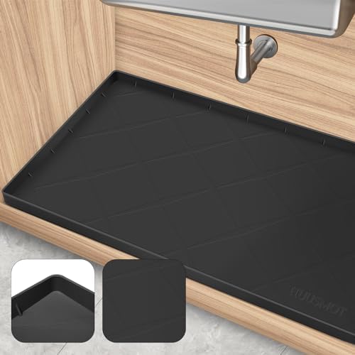 HUUSMOT Under Sink Mat 28" x 22", Extra Thick Waterproof Silicone Liner, Cabinet Protector Tray Organizer for Kitchen (Black)