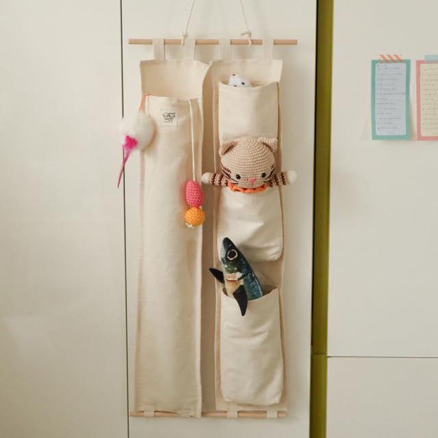 MOM N POP Hanging Cat Toy Organizer, Wall-Mounted Cat Toy Storage for Wand & Teaser Toys, Handmade Organic Cotton Toy Holder with Pockets