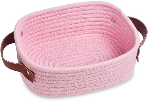 ABenkle Small Storage Basket, Mini Rope Woven Baskets, Cute Shelf Closet Storage Organizer, Boho Decorative Toy Bin for Nursery, Living Room, Spa, Empty Gift Basket - XS, Pink