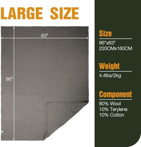 REDCAMP Wool Blanket, Warm and Thick Wool Camping Blanket, Grey | Great for Outdoors, Camping, Stadium Blanket, Picnics, Travel and Car, Machine Washable 86"x 63"