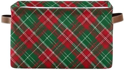 Christmas Buffalo Plaid Storage Basket with Waterproof Liner and PU Handles Winter Green Red Checked Storage Bins Boxes 14.2" Collapsible Decorative Organizer Baskets for Bedroom Closet Office 1 Pack
