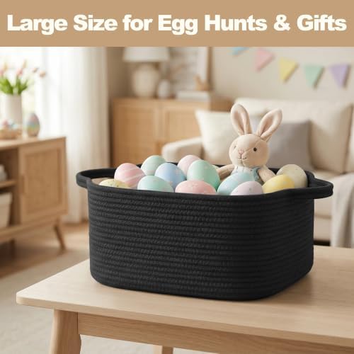 Large Black Basket for Gifts, 16.5" x 12.5" x 7" Big Woven Gift Baskets Empty, Cotton Rope Bin for Clothes, Towels, Cute Kids Dog Toy Storage Bin Box, Decorative Wicker Shelf Closet Organizer