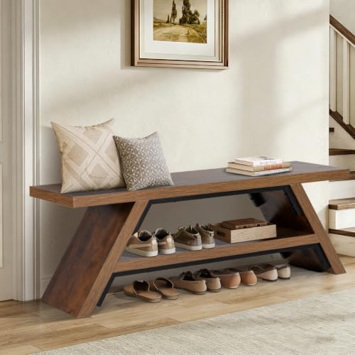 2-Tier Shoe Storage Bench, 55" Large Solid Wood Entryway Stool Storage | Shoes Racks for Entryway, Spacious Multi-Purpose Bench for Families, Guest Entryways, and High-Traffic Areas