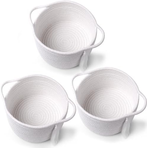 3-Pack Small Gift Basket Empty to Fill with Gifts Bag & Ribbon, White | Cute Decorative Mini Woven Rope Basket with Handles for Gifting; Reusable for Bathroom Counter or Desk Catchall, 8 x 4.7 in