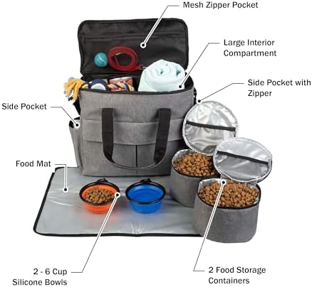 Dog Travel Bag - Cat and Dog Storage Organizer with Pockets, Mat, 2 Food Containers, and 2 Large Collapsible Travel Dog Bowls by PETMAKER (Gray)