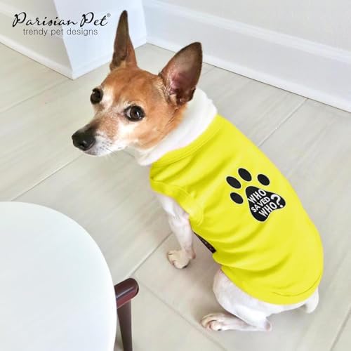 Parisian Pet Dog Shirt – 100% Cotton Shirts for Small Dogs - Sleeveless Yellow Puppy Vest with Paw Print – Breathable Pet Apparel – Pullover Summer Dog Clothes - Stretchy Funny T Shirts for Dogs