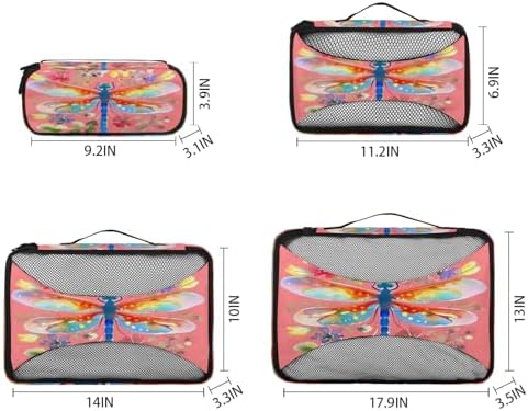 Dragonfly Pink Floral 4 Set Packing Cubes Luggage Organizer Bags for Travel Accessories and Essentials, Dragonflies Flower