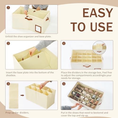 INSTY 1 Pack Shoe Organizer for Closet, Shoe Storage Organizer, Adjustable Dividers for Shoe Storage, Fabric Shoe Storage Bins with Clear Cover, Beige