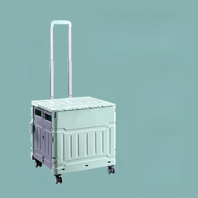 Collapsible Shopping Box Trolley on Wheels with Lid,75L Large Capacity Folding Portable Rolling Crate Handcart with Telescopic Handle for Camping (Green,Four Wheel Medium)