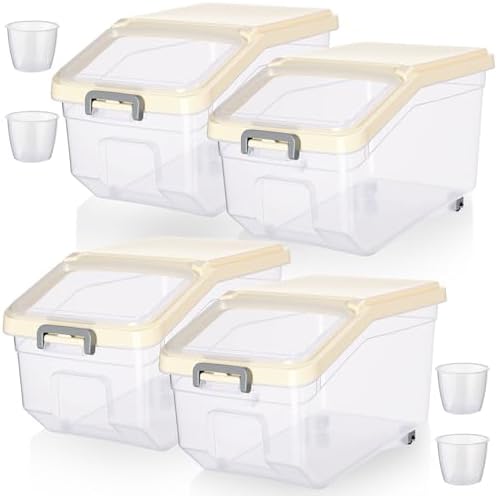 Sunnyray 4 Pcs Rice Storage Containers Bulk Flour Sugar Container Wheels Measuring Cups Set Airtight Pet Dog Cat Birds Food Bin Grain Cereal Organizer Box for Dry Baking(Beige,22 lb)
