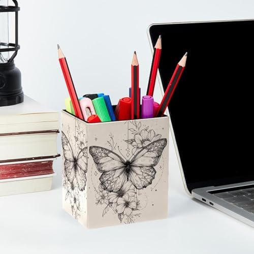 Simple Butterfly Pen Holder for Desk Decor, Rectangular PVC Leather Pencil Cup for Desk Pen Organizer, Makeup Brush Holder for School, Home, Office