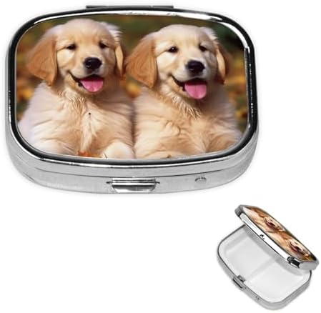 Golden Retriever Dogs Puppies Pets Pill Box 2 Compartment Medicine Pill Organizer Square Pill Case for Purse & Pocket Travel Pillbox Portable Metal Medicine Vitamin Fish Oil Organizer Unique Gift