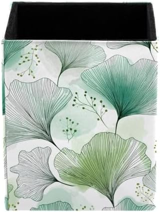 Ginkgo Leaves Pen Holder for Desk Decor, Rectangular PVC Leather Pencil Cup for Desk Pen Organizer, Makeup Brush Holder for School, Home, Office