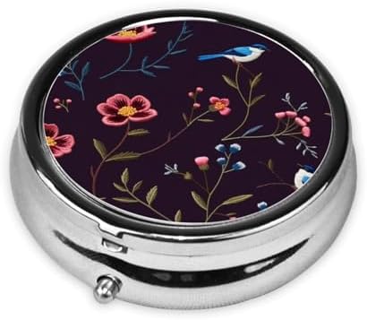 ZhongGuo Flower Hummingbirds Embroidery Printed Pill Organizer,Round Travel Pill Organizer Mini Medicine Pill Box for Purse Iron Plating