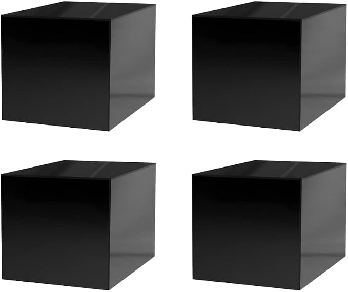 4 Pack 8 Inch Box Glossy Black Acrylic One Piece Display Box No Lid with One Open Side Versatile Square Plexiglass Merchandise Storage Bin or Retail Product Riser by Marketing Holders