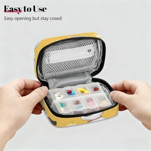 Weekly Pill Organizer Travel Size Bag with Removable 7 Day Pill Box Portable Vitamin Case Purse with Zipper,Puppy Dog Paw Prints Yellow Pattern