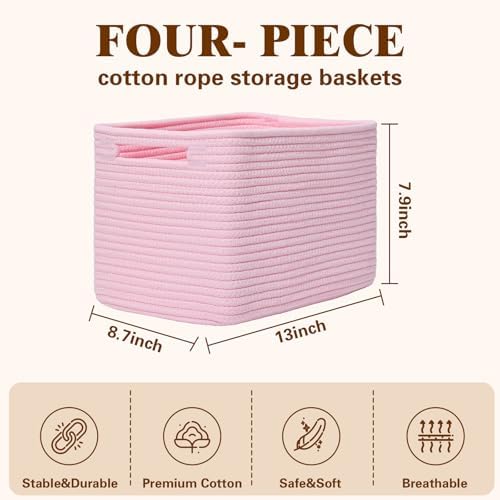 Storage Baskets for Organizing, 4 Pack Baskets for Shelves, Decorative Storage Bins for Shelves, Cotton Rope Storage Basket with Handles, Woven Basket for Storage, 13''Lx8.7''Wx7.9''H, Pink