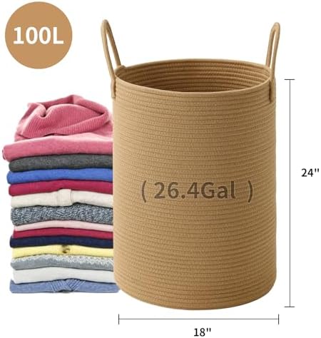 Laundry Basket Hamper Tall Rope Storage Woven for Blanket toys Dirty Clothes in Living Room Bathroom Bedroom (Jute Brown, 100L/26.4Gal)