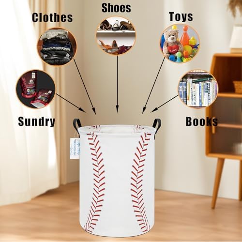 Round Laundry Basket Collapsible Storage Hamper Organizer Red Baseball | Waterproof Canvas Foldable Baskets with sturdy Handles Multi-scene Organizer for Home Play Bedroom Gift Bin