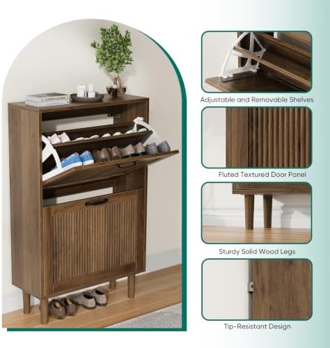 Kiasthome 2 Tier Entryway Shoe Storage Cabinet Closed Space Saving Hidden Shoe Organizer with Ribbed Doors Freestanding for Hallway Bedroom Walnut Finish (Walnut, 24.4")
