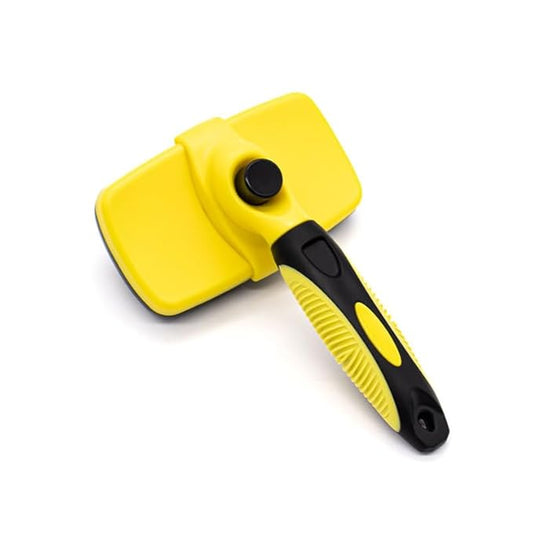 Self Cleaning Slicker Brush for Dogs & Cats, Gentle Deshedding and Hair Removal Tool for Long & Short Haired Pets, Easy Push Button, Yellow