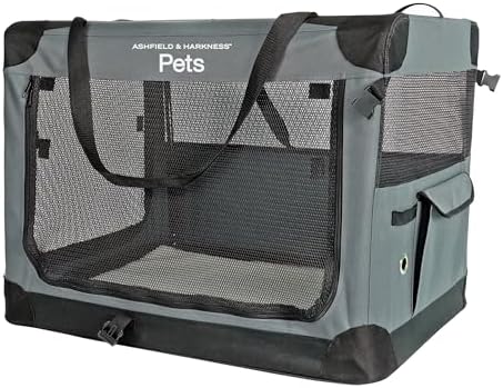 Ashfield & Harkness Collapsible Soft Dog Crate 36" - Gray, Portable | Sherpa lined mat, waterproof fabric, steel frame, mesh windows - folds to 36"x24"x3", fits dogs up to 70 lbs